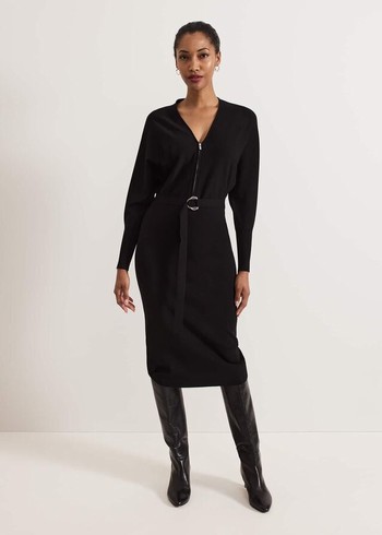 Phase Eight Dixie Batwing Zip Belted Dress Black Australia | PM5849361